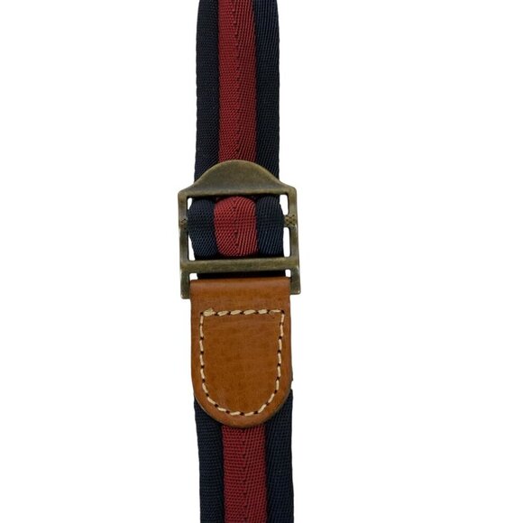 Massimo Dutti Mens Slide Belt Size 30 Leather Trim Brass Buckle Navy Red Stripe - Picture 2 of 5